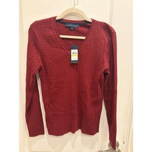 NWT Tommy Hilfiger Women Sz M Burgundy Cable Knit V-Neck Sweater 100% Cotton